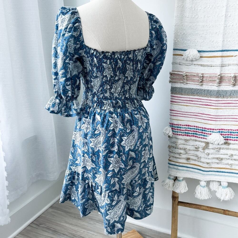 Perry Walker The Grace Blue Floral Short Puff Sleeves Cotton Mini Dress Medium - Picture 3 of 8